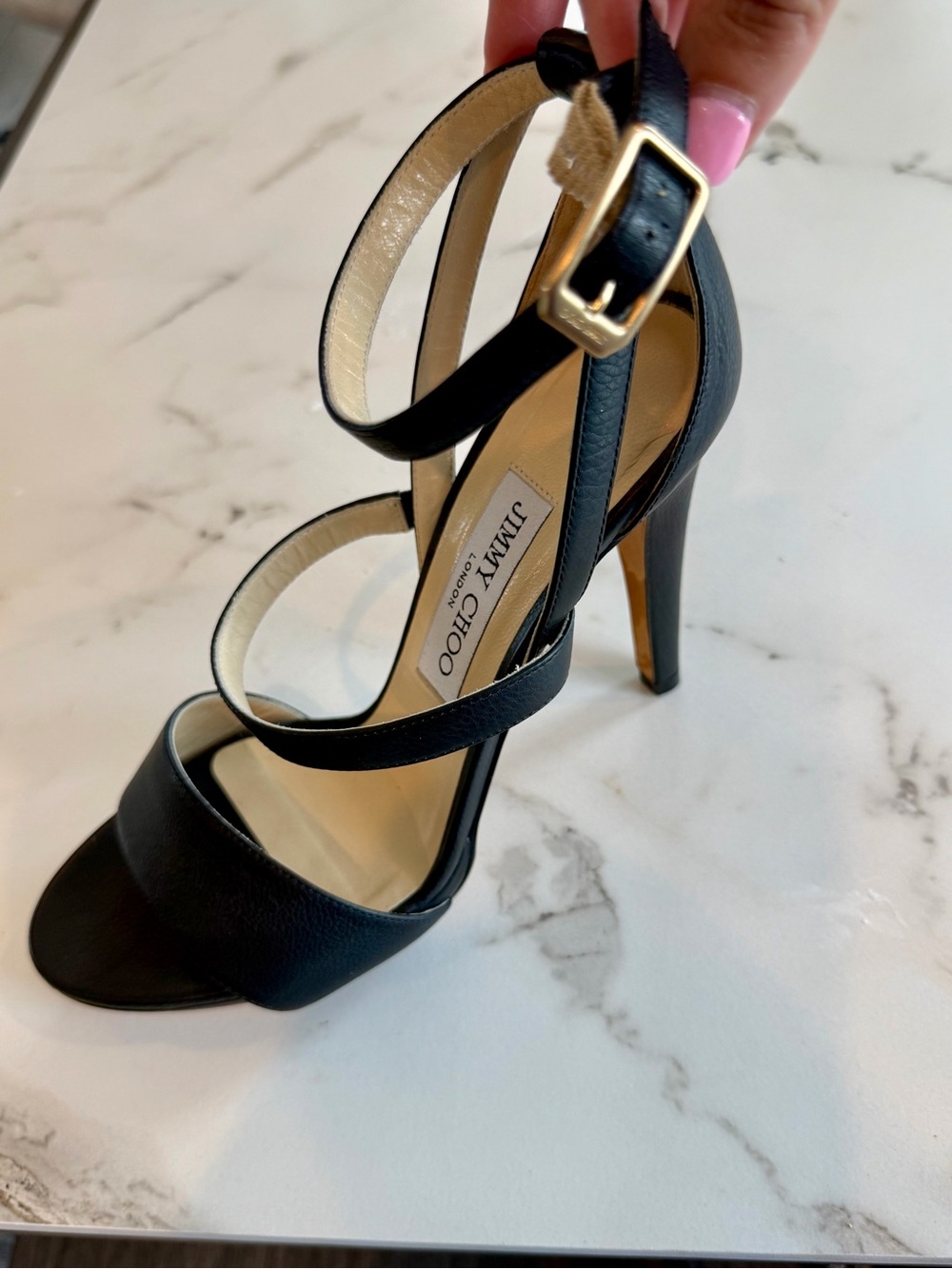 Jimmy Choo Black Leather Crisscross Ankle Strap Heels